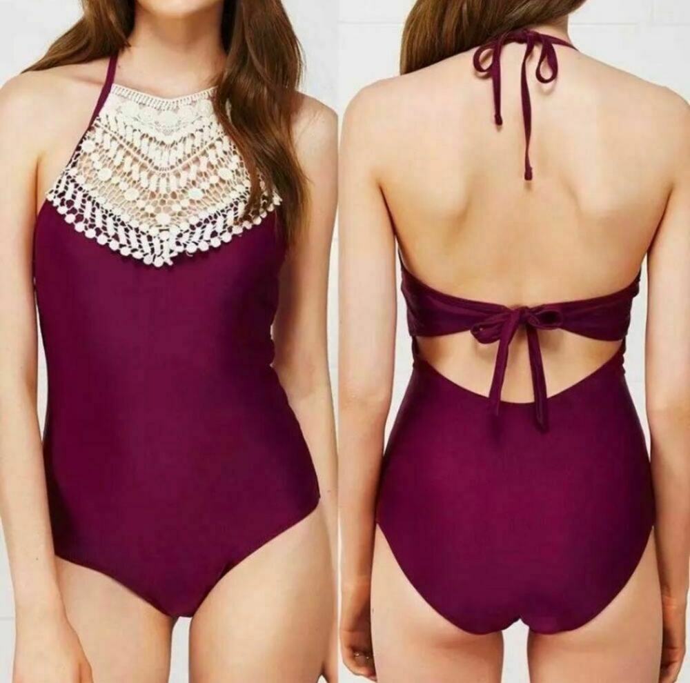Cupshe maroon boho crochet one piece swimsuit womens small NEW